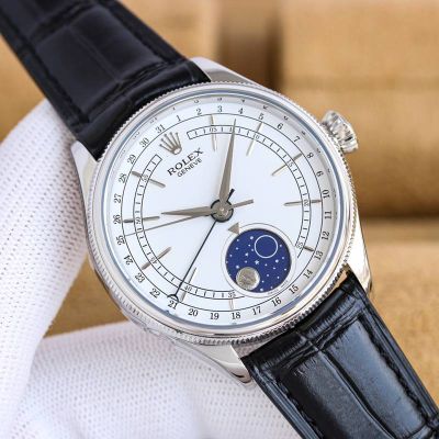 Rolex Stainless Steel Moon-Phase Calendar 39MM White Watch Genuine rolex leather strap